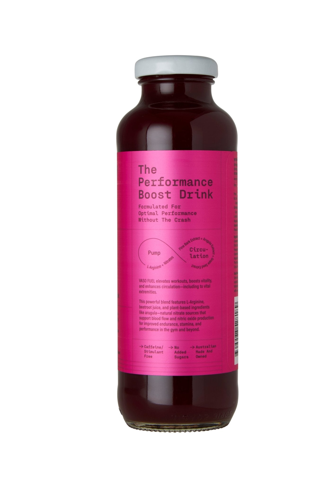 Back view of VASO-Beet VasoFuel drink showing information for pre-workout and erection support