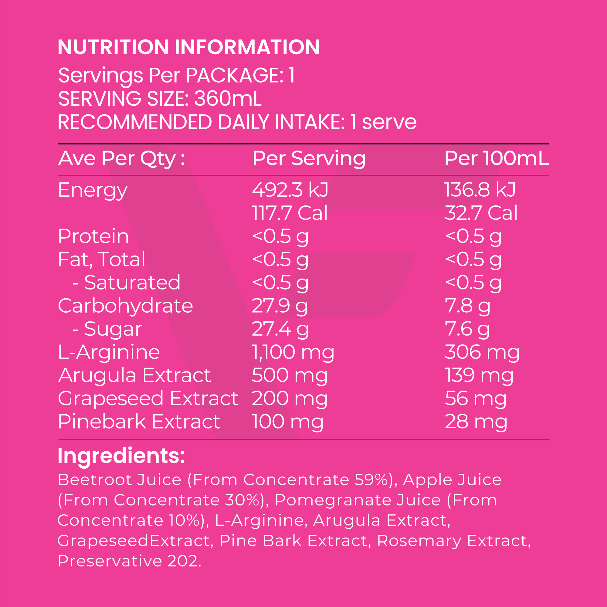 Close-up of VASO-Beet VasoFuel drink nutrition panel showing calories, ingredients, and serving information for pre-workout and natural erection support