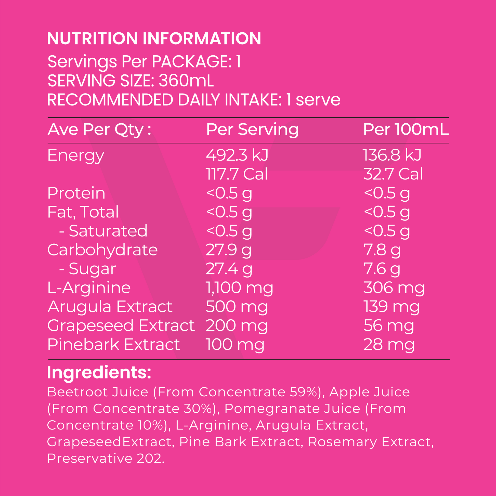 Close-up of VASO-Beet VasoFuel drink nutrition panel showing calories, ingredients, and serving information for pre-workout and natural erection support