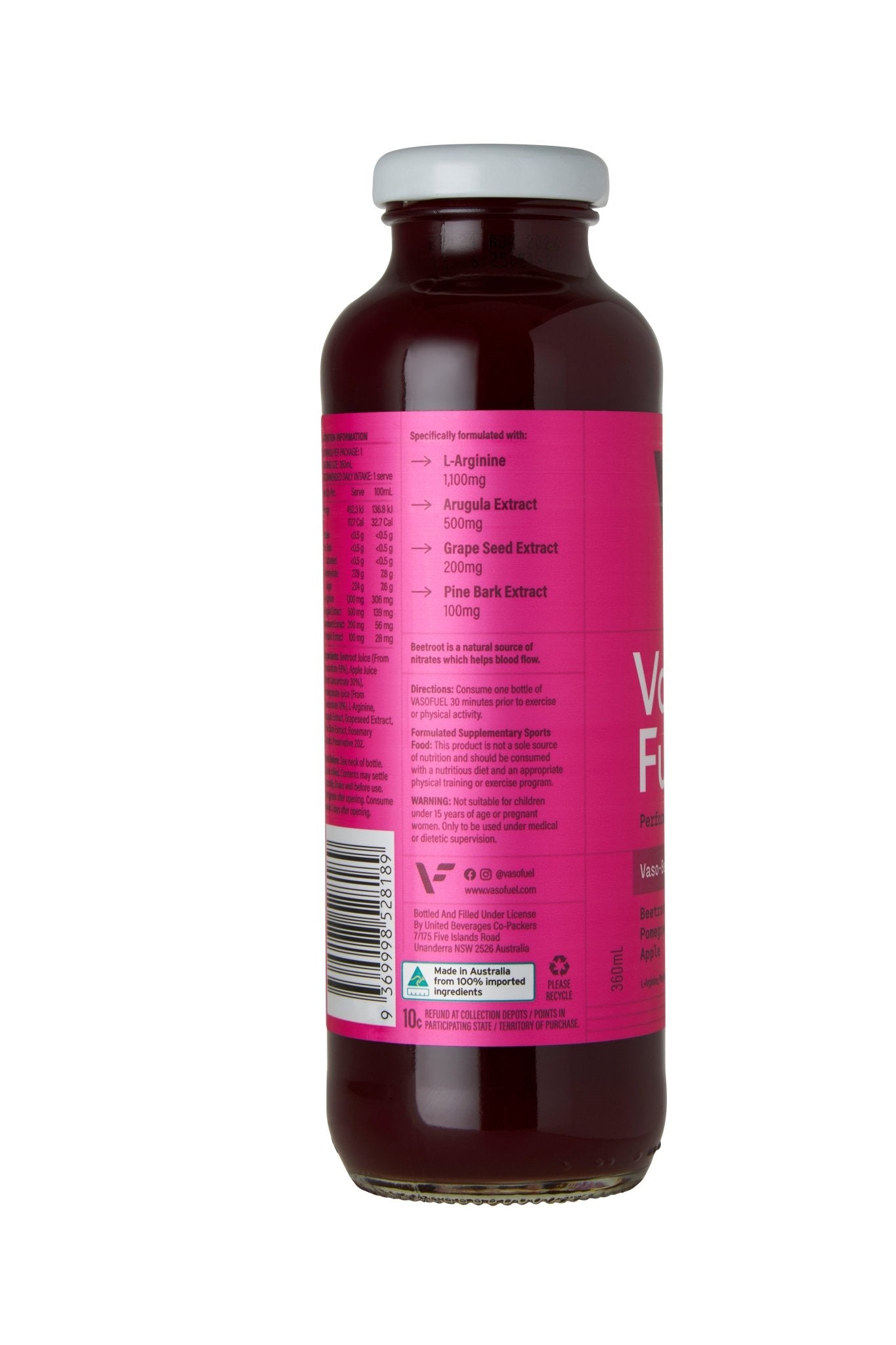 Side view of VASO-Beet VasoFuel drink highlighting natural ingredients like L-Arginine, Arugula, Grape Seed and Pine Bark for nitric oxide and erection support