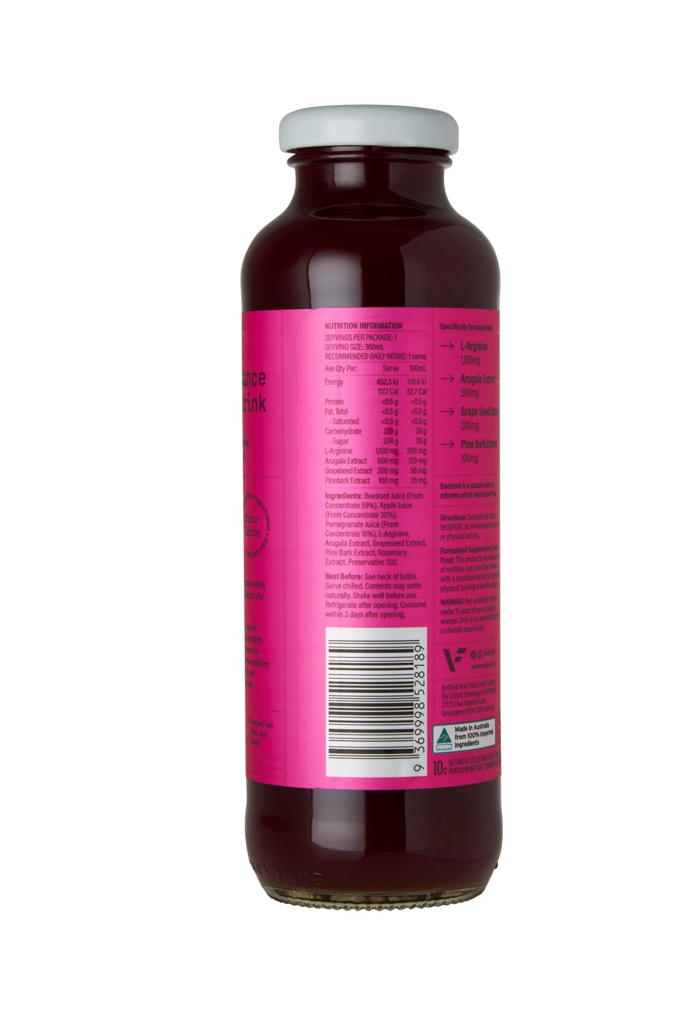 Side view of VASO-Beet VasoFuel drink highlighting nutritional information nitric oxide and erection support