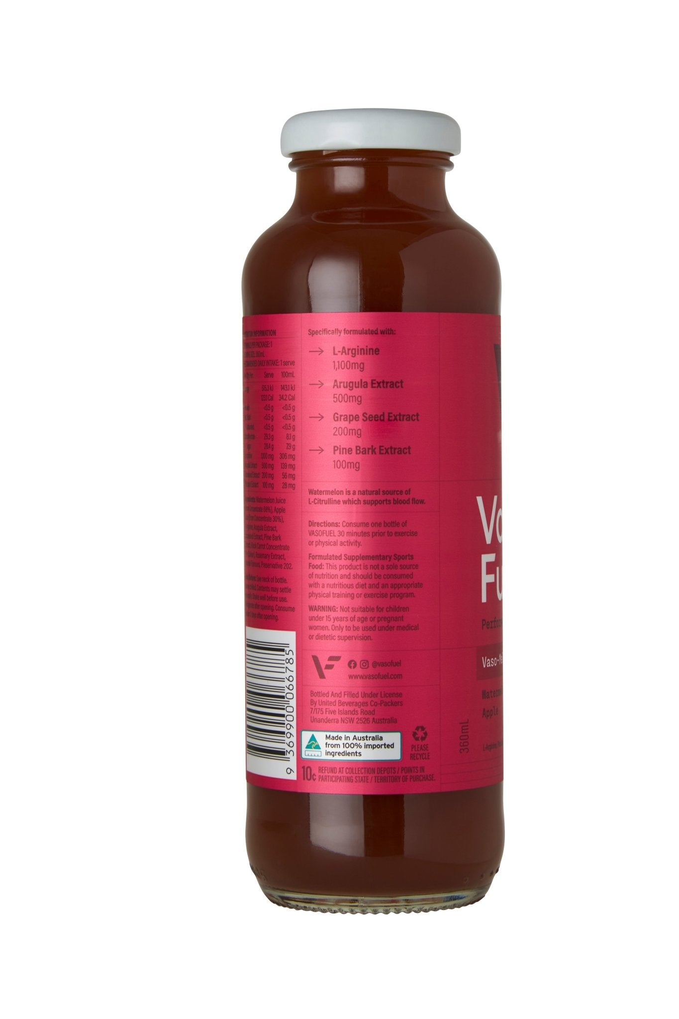 Side view of VASO-Melon VasoFuel drink highlighting natural ingredients like L-Arginine, Arugula, Grape Seed and Pine Bark for nitric oxide and erection support
