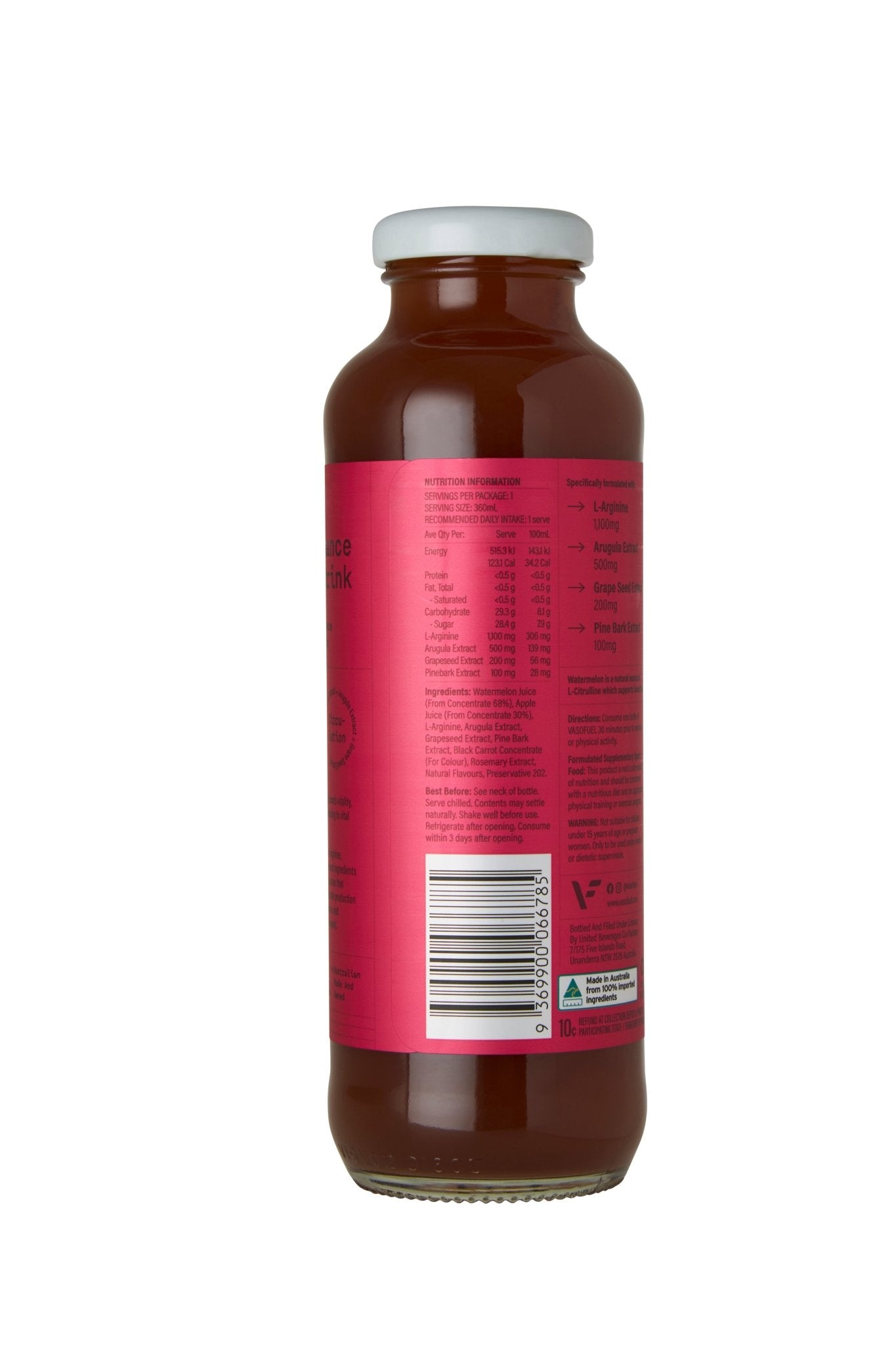 Side view of VASO-Melon VasoFuel drink highlighting nutritional information for nitric oxide and erection support